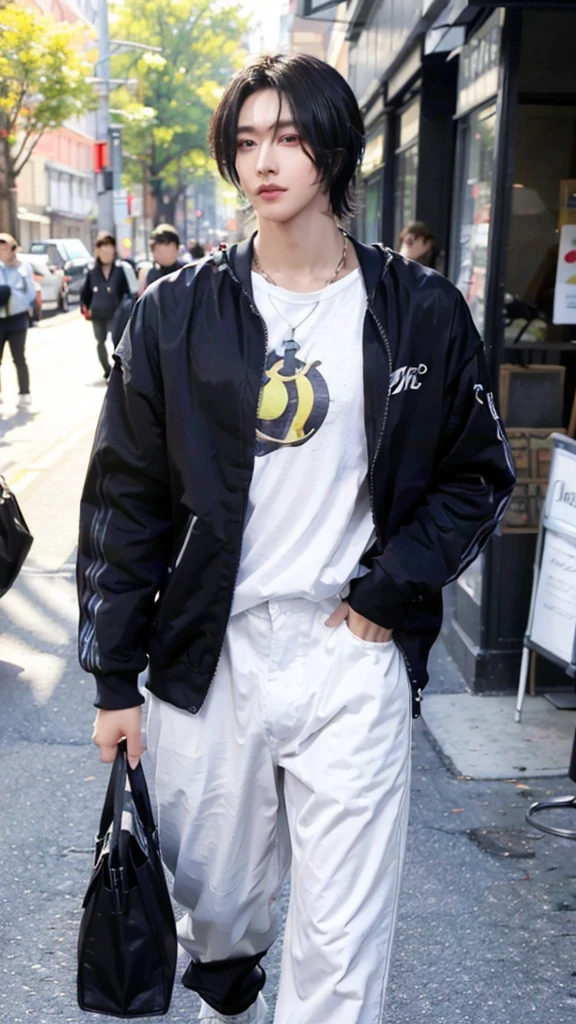 On a bright and bustling street, you might see a young man who stands out with his striking and captivating appearance. His face bears a resemblance to Hyungwon from Monsta X, with sharp facial features, deep and expressive eyes, and charming lips. His skin is smooth and radiant, almost as if it glows from within.
What makes him even more noticeable is the pronounced bulge in his pants. The bulging is not due to ill-fitting pants but rather a result of his genetic physical characteristics, giving him a unique and distinguished figure.
His fashion sense is modern and stylish. He opts for pants made of stretchy and form-fitting material. The pants are dark-colored, helping to minimize the emphasis on the crotch area and making it look more natural and subtle.
Whether he is strolling through a park or sipping coffee in a café, he exudes confidence and knows how to dress appropriately for his body shape. Passersby can't help but turn their heads in admiration, captivated by his one-of-a-kind charm.