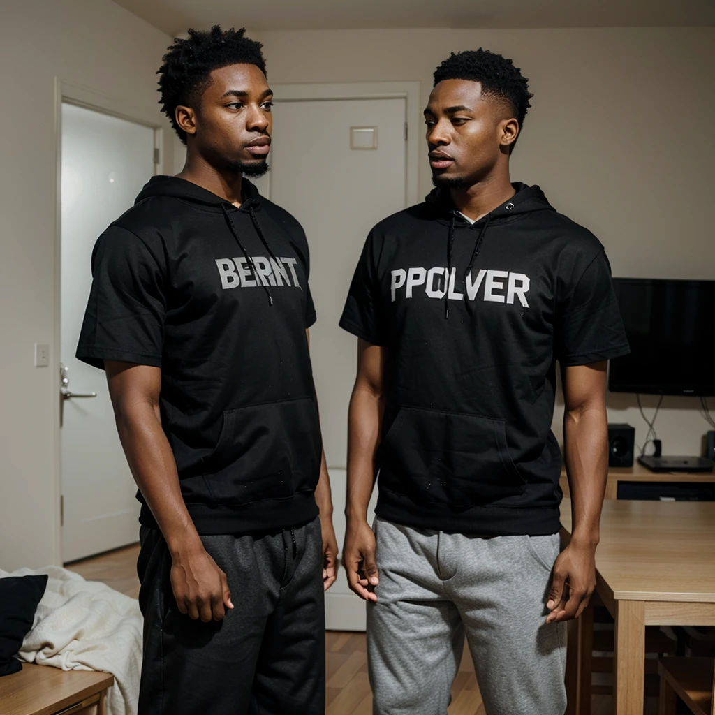 Two Black men arguing in apartment wearing t-shirts and hoodie
