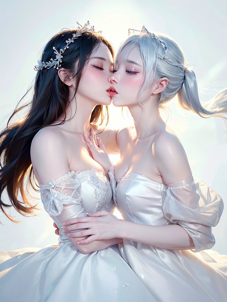 White Background、Professional Lighting、(((Professional Lighting 1.5)))、Translucent skin texture、Clear Skin、Beautiful Skin、、Off the shoulder、White Dress、Ecstasy of Musical Notes、(((kissing pose 1.5)))２People Women、