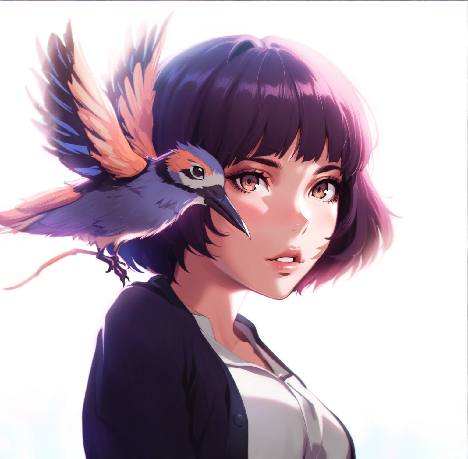 {{{sincos (sincos), Kuvshinov ilya (Kuvshinov ilya), no human}}}, 1 girl, 1 bird, short hair, purple and blue hair, lips slightly parted, looking at viewer, beautiful face, bird sitting on shoulder, blank background, white background.