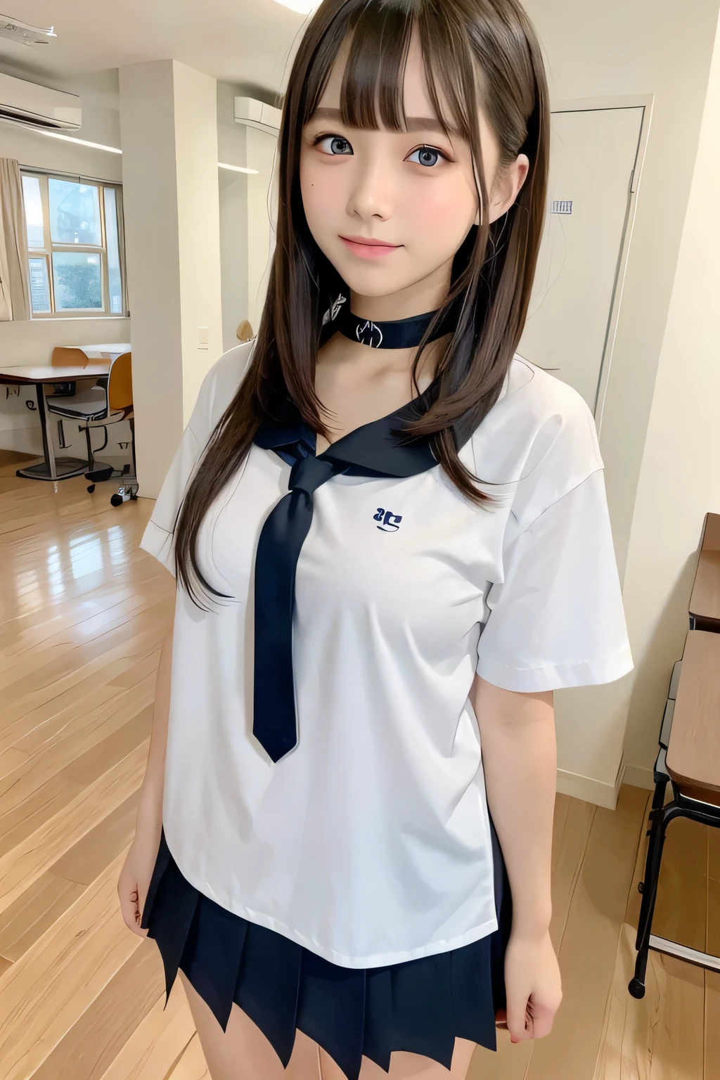 Group photo、((Layered Haircut)),(8K,Highest quality),Full Body Shot,Shot from medium distances,School classルーム,student,class,class,open-collar shirt、Wear a JK skirt,Full body photo、 Adorable, smile, length, brown hair, 32k, masterpiece, Best image quality,Ultra-high resolution,Perfect hands,Black Choker、blue eyes、bangs、Very numerous and very long eyelashes、uniform、 School、Summer clothes