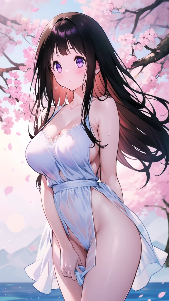 Amazing Chitanda, There is only one beautiful girl,Purple Eyes, Black Hair, Very red face,Very white skin,Glowing skin,Skin as delicate as porcelain,Naturally straight hair, Straight bangs,Extremely refined,Open lips,Long flowing hair,Beautiful Girl, Like a dream,Slim,Slim waist,Soft, (Sensual), (Kawaii), Dream quality,Beautiful big breasts,Sheer loose dress,Areola,Completely naked,Lower edge of breast,White gloves,Flower decoration,Deep V neckline,Loose neckline,White lace-up,Wide neckline,Walking in school,Place your hands on your inner thighs,Thighs clamp hands,Wet skin,Sweaty and sweaty,Sweating all over,it is raining,Next to the cherry blossom trees,Back to,Lean over,Hips,Side body,Gluteal groove,Completely naked的臀部,Bare back,Completely naked的背部,Light transmission,(no pants),nopan,pussy juice,Bare shoulders,There are no shoulder straps,Bare neck,Exposed collarbone,Exposing breasts,Exposing breasts侧面,Exposing breasts下面,Show your waist,Show your buttocks,Show your thighs,Exposing the groin,(No pants),extremely shy,Ultra-high resolution, (masterpiece:1.2, best quality), (Delicate and beautiful eyes: 1.2), (Beautiful and delicate face)