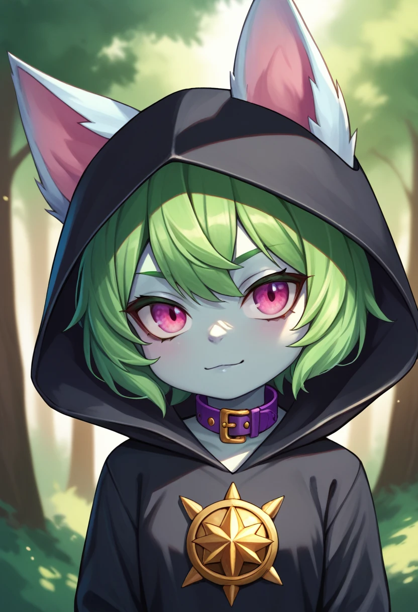 score_9, score_8_up, score_7_up, score_6_up, score_5_up, score_4_up, VexLoLXL, yordle, shortstack, pink eyes, green hair, bangs, short hair, grey skin, colored skin, black hood, hood up, ears through headwear, white animal ears, black shirt, purple collar, golden ornament, long sleeves, sleeves past wrists, (portrai shot, upper body), looking at viewer, forest, tree 