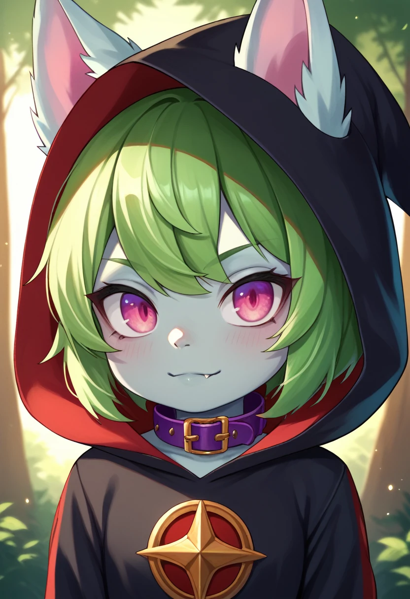 score_9, score_8_up, score_7_up, score_6_up, score_5_up, score_4_up, VexLoLXL, yordle, shortstack, pink eyes, green hair, bangs, short hair, grey skin, colored skin, black hood, hood up, ears through headwear, white animal ears, black shirt, purple collar, golden ornament, long sleeves, sleeves past wrists, (portrai shot, upper body), looking at viewer, forest, tree 