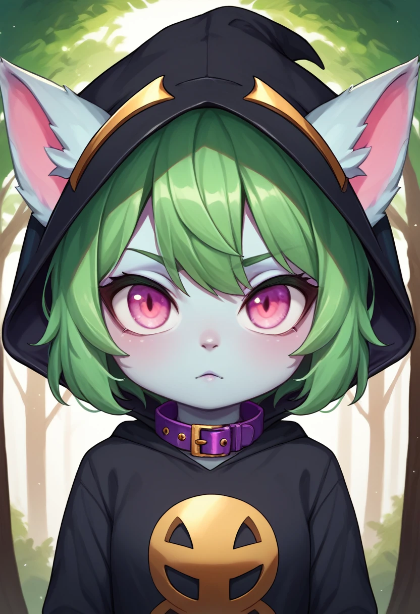 score_9, score_8_up, score_7_up, score_6_up, score_5_up, score_4_up, VexLoLXL, yordle, shortstack, pink eyes, green hair, bangs, short hair, grey skin, colored skin, black hood, hood up, ears through headwear, white animal ears, black shirt, purple collar, golden ornament, long sleeves, sleeves past wrists, (portrai shot, upper body), looking at viewer, forest, tree 