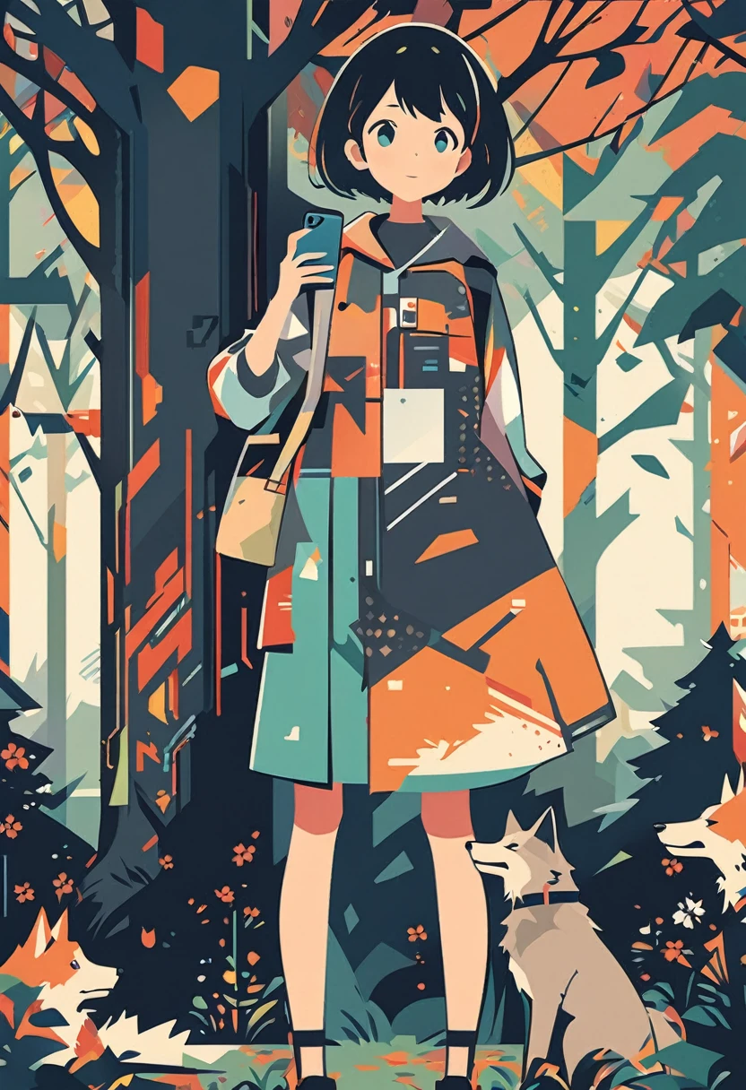 wallpaper of smartphone, A girl and a wolf meet in the forest, flat Design, vector illustrations, graphic illustration, detailed 2d illustration, flat illustration, digital illustration, digital artwork,