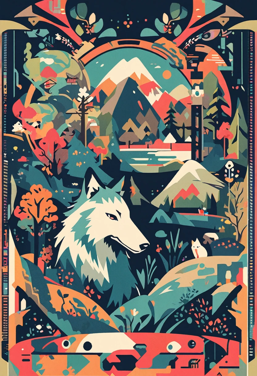 wallpaper of smartphone, A girl and a wolf meet in the forest, flat Design, vector illustrations, graphic illustration, detailed 2d illustration, flat illustration, digital illustration, digital artwork,