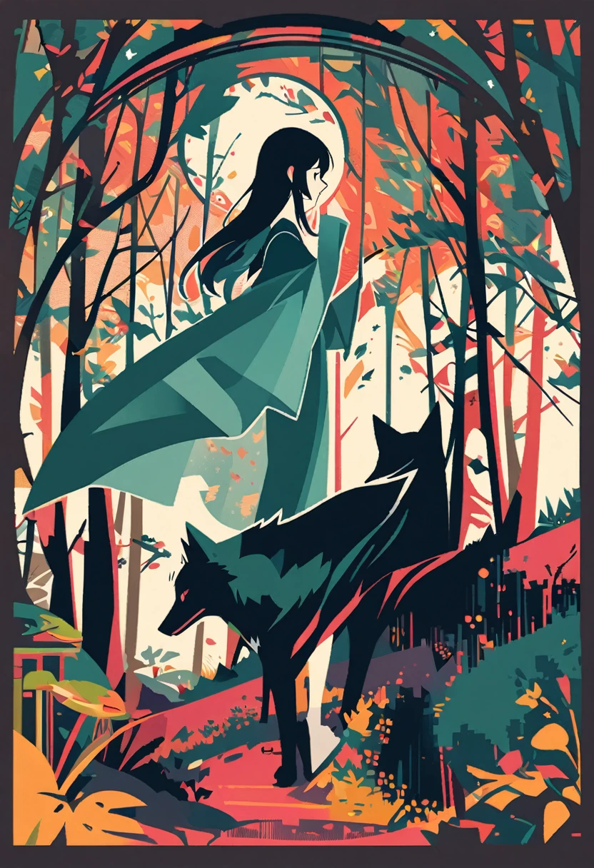 wallpaper of smartphone, A girl and a wolf meet in the forest, flat Design, vector illustrations, graphic illustration, detailed 2d illustration, flat illustration, digital illustration, digital artwork,