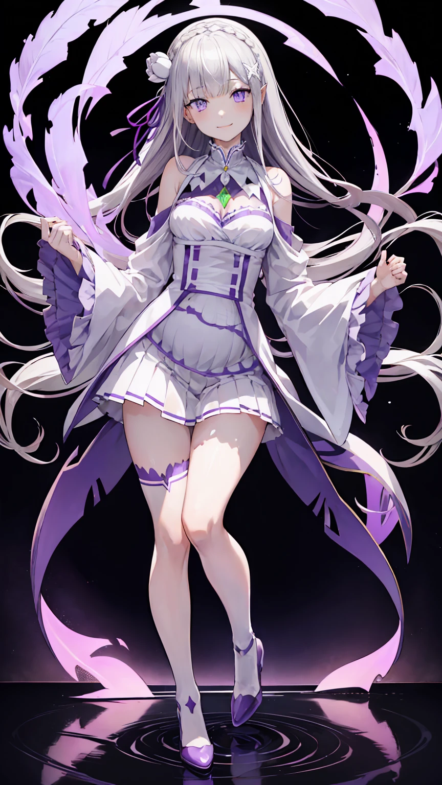 Lezero Emilia, emilia, braid, Crown braid, flower, Hair Flower, hair ornament, Hair Ribbon, Long hair, pointy ear, (Purple eyes:1.2), White hair, x hair ornament,
Break Detach Color, Detached sleeves, frilly sleeves, frilld, Long sleeves, Miniskirt, Pleated skirt, bow ribbon, Skirt, thighs thighs thighs thighs, White skirt, White sleeves, white thighhig, Wide sleeves, zettai ryouiki,
BREAK (masutepiece:1.2), Best Quality, High resolution, Unity 8k Wallpaper, (Illustration:0.8), (Beautiful detailed eyes:1.6), extra detailed face, Perfect Lighting, extremely details CG, (Perfect hands, Perfect Anatomy),is standing、Evil Fall, 1girl in, solo, pubic tattoo,Lipakeup、lip stick、eye line / Mascara Eyeshadow Evil Fall、Bad Woman、bad looking、Empty eyes、Psychopaths、Eyes pink、Grinning、Smile, lightsmile,Knives、low angles、leggy、Long leguchimuchi、Transparent pupils、, ((Positive pregnancy test))fullbody image、high-heels、High heels