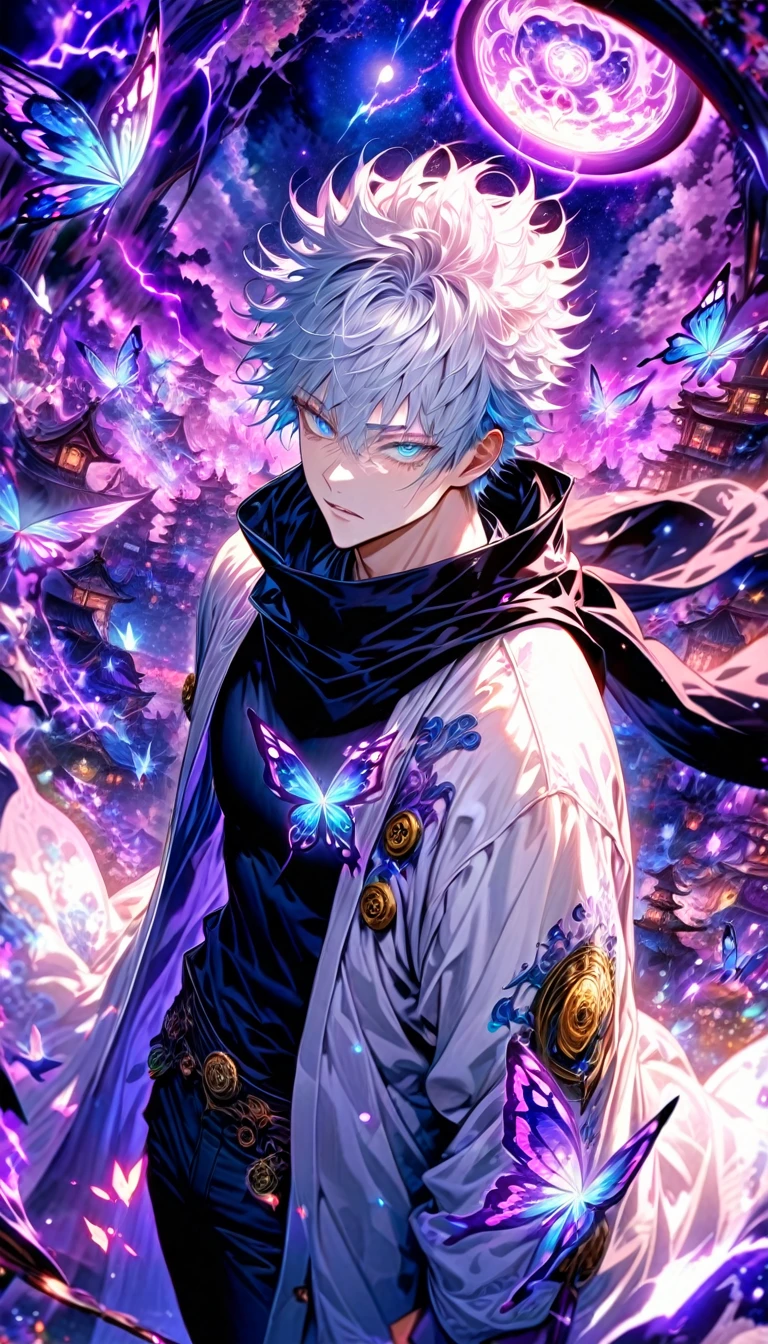 absurdres, highres, ultra detailed, HDR, master piece, best quality, Gojo Satoru, white hair, with bangs, hair between the eyes, expressive blue eyes, white eyelashes, Jujutsu Kaisen, solo, sexy man, handsome, white haori, black tight shirt, black scarf, fantasy, magical, sparkling, shining, purple lightning, floating round lights, starry sky, void, purple butterlies, purple moon