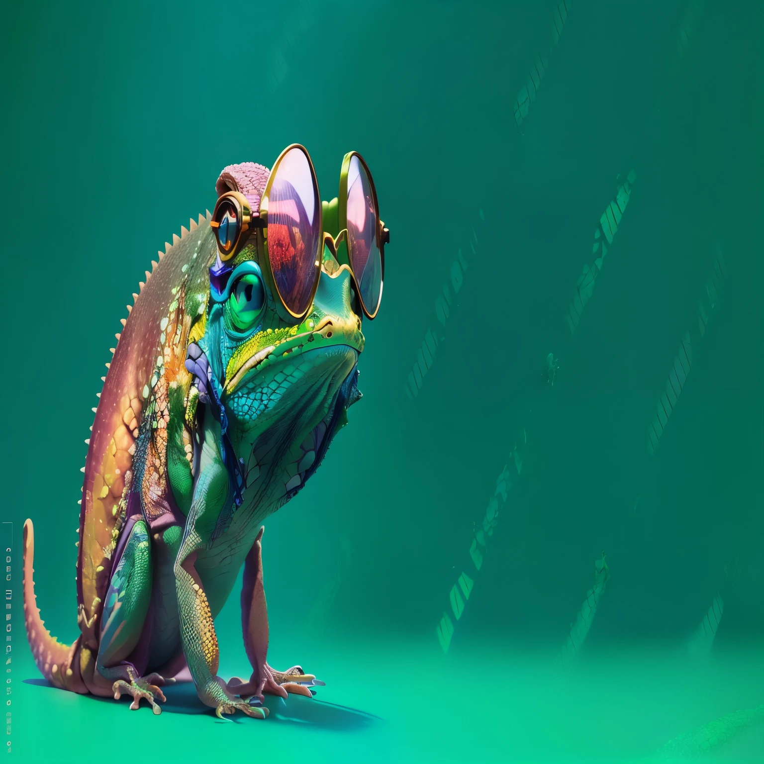 chameleon with glasses sitting on a green surface with a green background, chameleon, lizard pose, realistic colorful photography, cool sunglasses, wearing cool sunglasses, ultra realistic 3d illustration, funny sunglasses, sci-fi lizard alien, psychedelic frog, hyper realistic 3 d render, cool glasses, photo render, angry gecko english gentelman, lizard person, hyper realistic detailed render