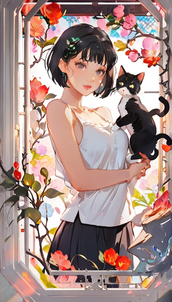 1girl, black short hair, bob cut, white tank top, cat on girl, card style