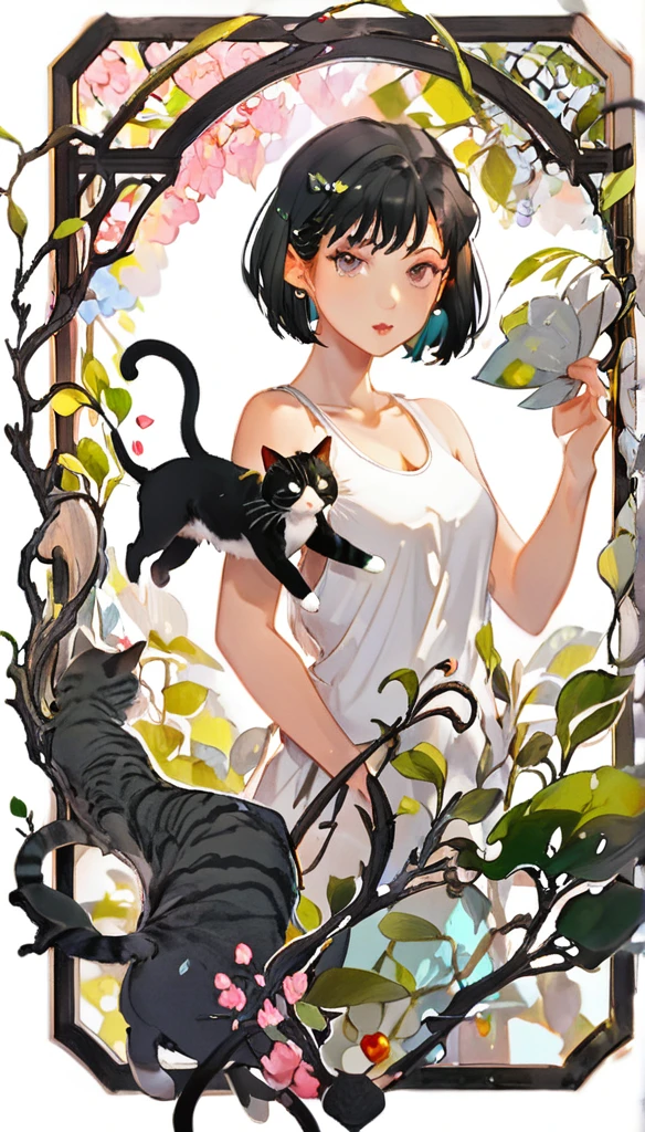 1girl, black short hair, bob cut, white tank top, cat on girl, card style