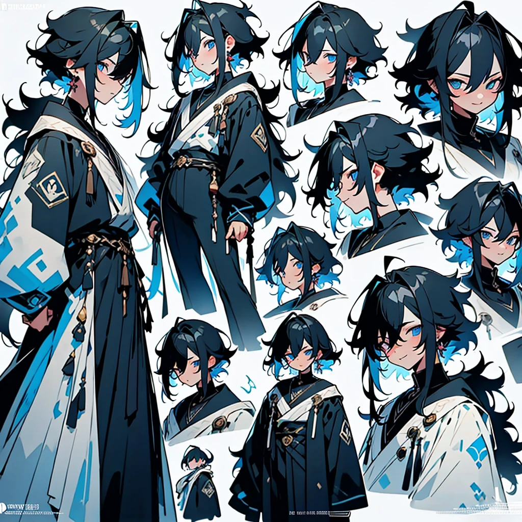 anime poses cheat sheet,young guy, Unique messy black hair with white highlights at the end of her hair,various hair styles,blue eyes,various styles of clothing,contrasting colors,simple background, various angles,several unique poses, various expressions