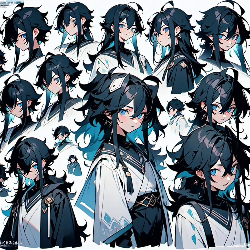 anime poses cheat sheet,young guy, Unique messy black hair with white highlights at the end of her hair,various hair styles,blue eyes,various styles of clothing,contrasting colors,simple background, various angles,several unique poses, various expressions 