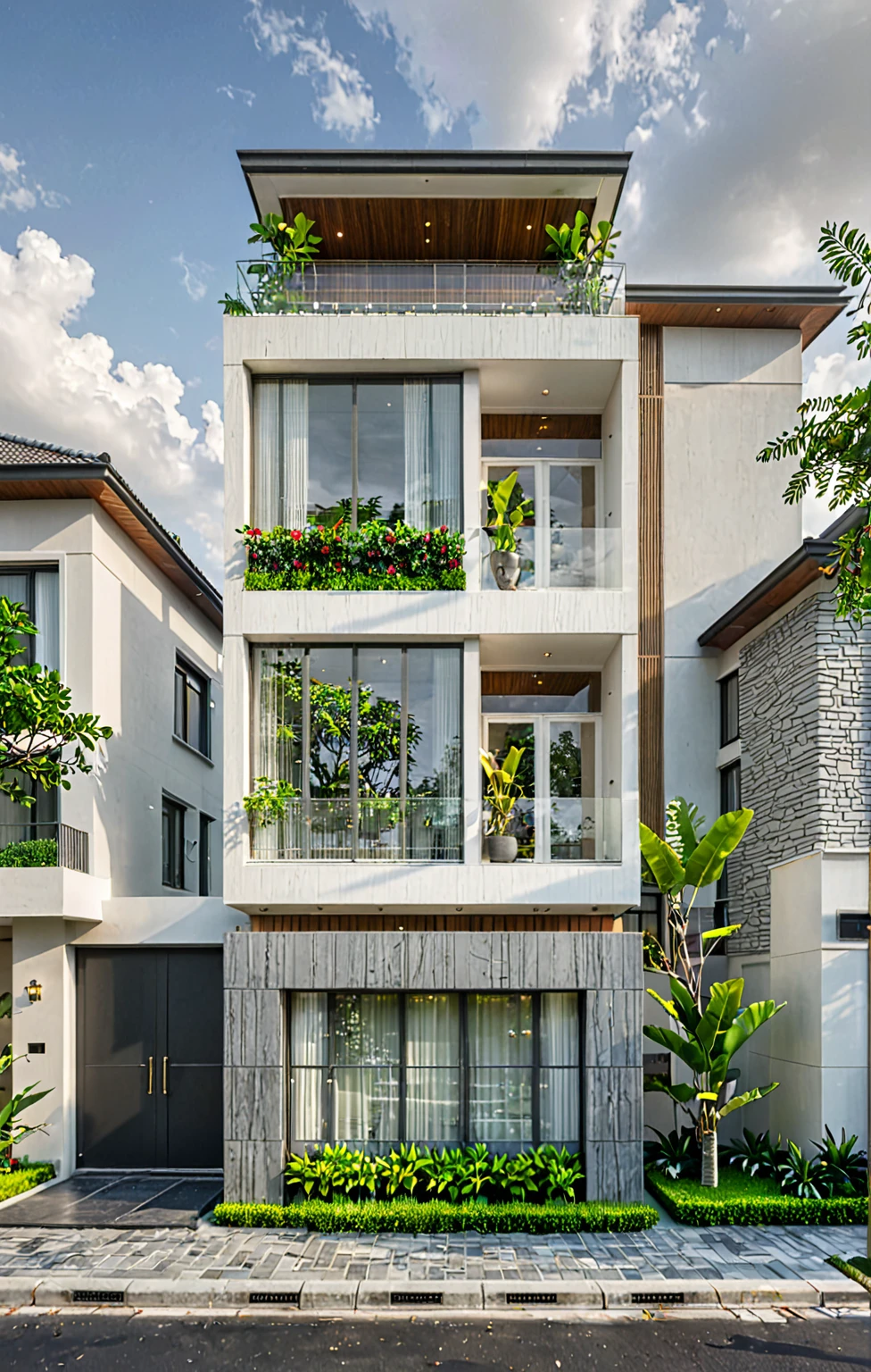 modern villa on street, (overcast lighting:1.2), tropical tree, vivid color, curve wall, streetcapes, nice sky, grey and wwhite tone, (large glass door:1.2), warm interior lighting, modern material, best quality, ultra realistic, masterpiece, 17ArchiAI_XL_VL-v1
