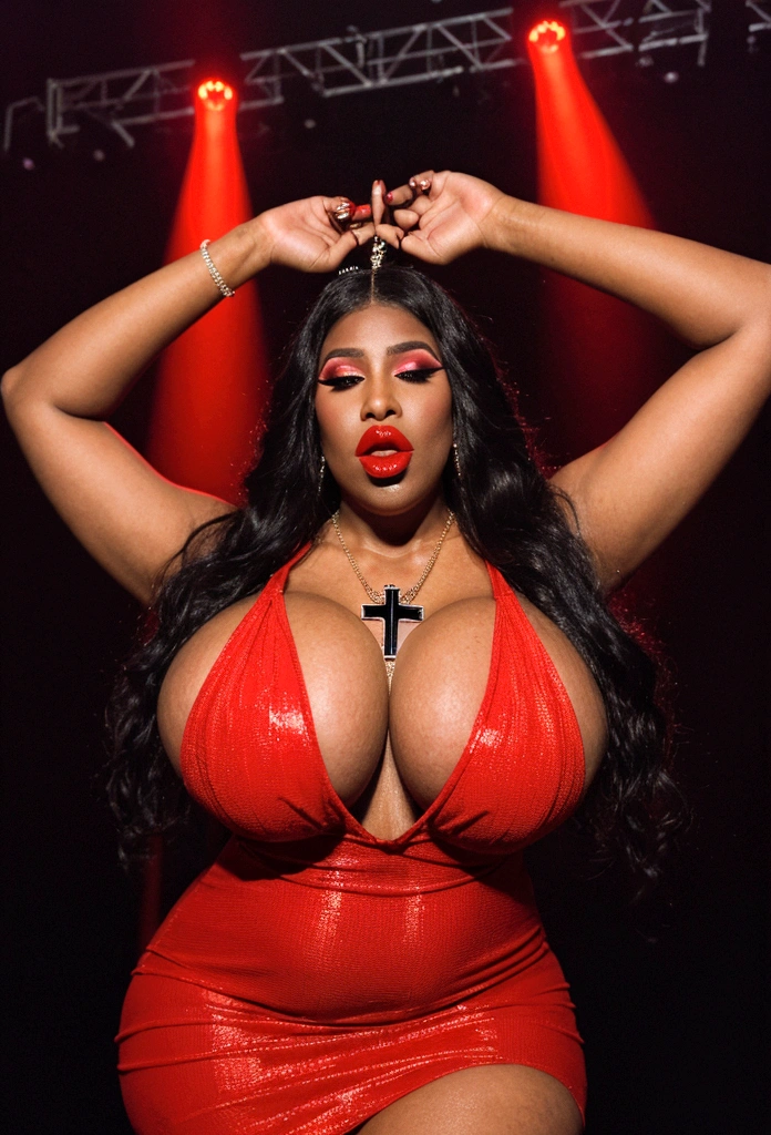 250 pound obese black female rapper on stage. She has (( unreal, oversize, large saggy tits ing massive gross cleavage:d holding a (microphone on stand:1.1). ((she is wearing makeup, bright red lipstick, a cross pendant, and a slutty and revealing red dress)), ((her mouth is closed))