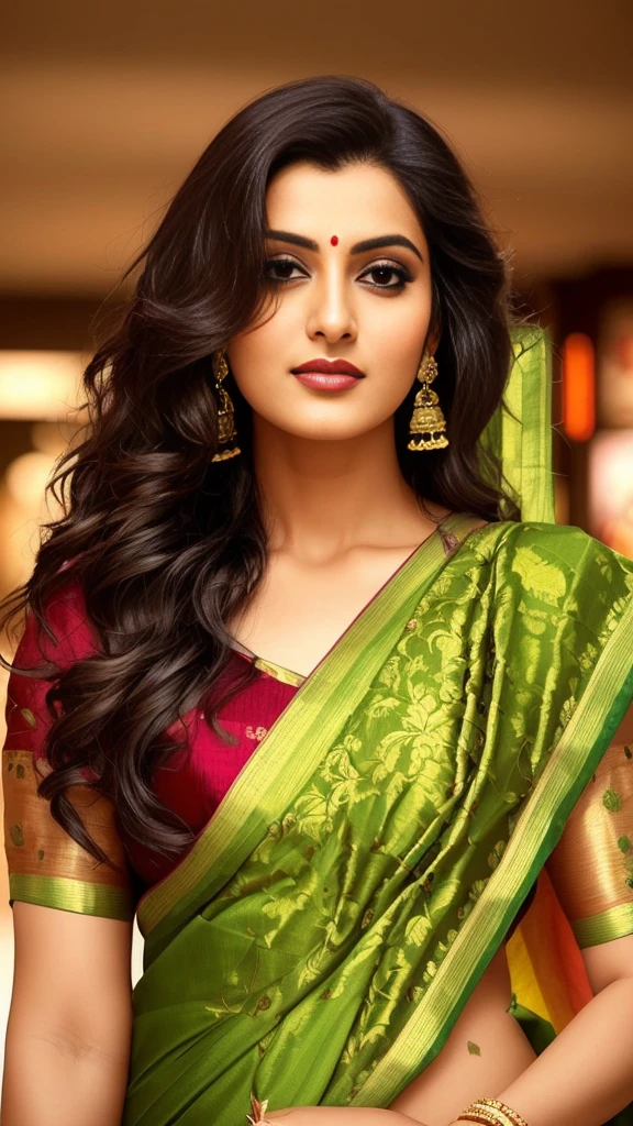 araffe woman in a sari posing for a picture in a mall, very attractive and beautiful, traditional beauty, breathtaking look, dressed in a sari, mid-shot portrait of a beautiful, wearing a sari, beautiful model, beautiful look, very beautiful photo, stylish pose, gorgeous woman, pretty face!!, with lovely look, beautiful face!!!!, attractive and beautiful