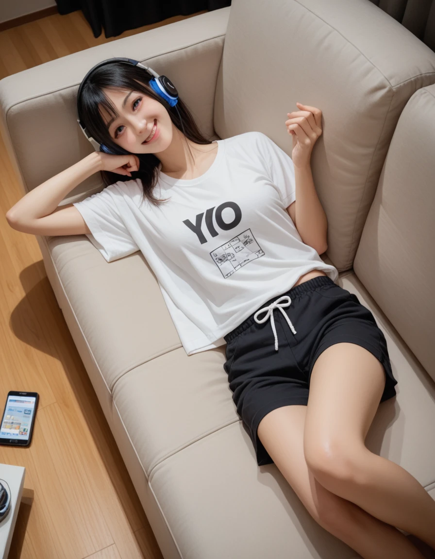 score_9,score_8_up,score_7_up,8k, breasts, (girl, 20yo, Japanese:1.4), dynamic angle, from above, looking up, sit in a sofa, leaning back, head rest, wireless mech headphones, oversized white t-shirt, black shorts, smile, relax, ...
