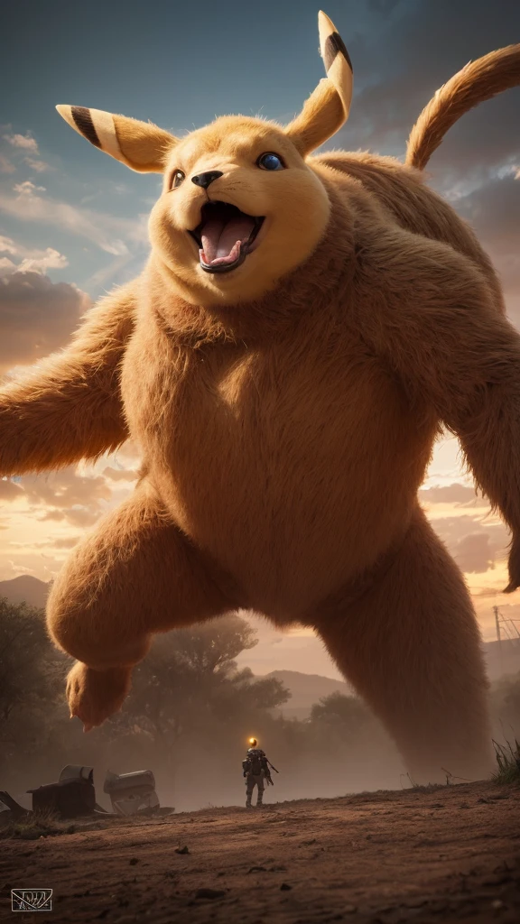 Immerse yourself in a cinematic photography masterpiece as a colossal titan, a nightmarish fusion of a giant monstrous Pikachu, dominates the savannah. Witness this monstrous behemoth in an ultra-realistic 125k resolution photograph, with realistic onlookers scattering in terror. Capture the intimidating details of this menacing hybrid, showcasing Pikachu's electrifying power, all bathed in a touch of vibrant realism. Zoom out to reveal the epic scale of the scene and the extreme details that make this photograph a dramatic and unforgettable experience. --ar 4:5 --style raw --stylize 750