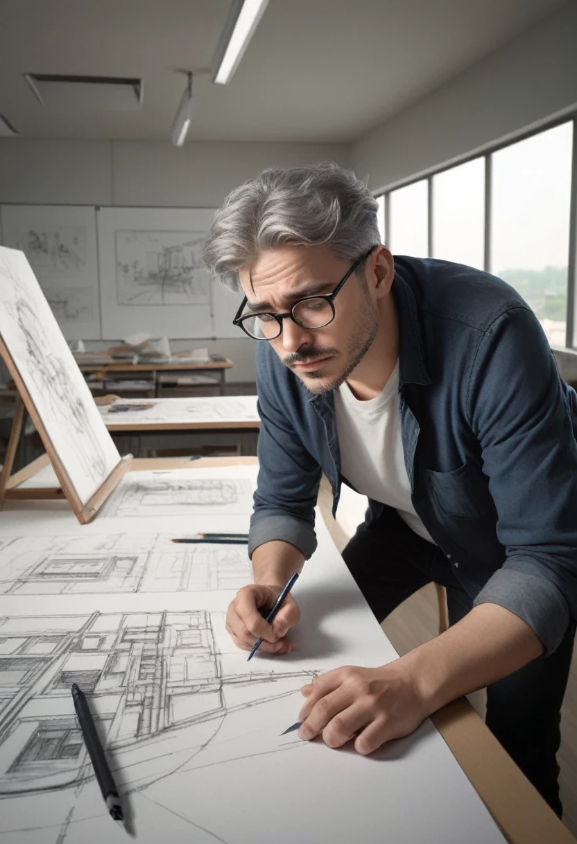 (Wearing Glasses, clear face), the architect is in the design room with glasses framed on his nose bridge, holding a drawing pen in his hand, and focusing on studying drawings with his head down. The background is the design room and des, full body, (Photography), panoramic view, award-winning, cinematic still, emotional, vignette, dynamic, vivid, (masterpiece, best quality, Professional, perfect composition, very aesthetic, absurdres, ultra-detailed, intricate details:1.3)