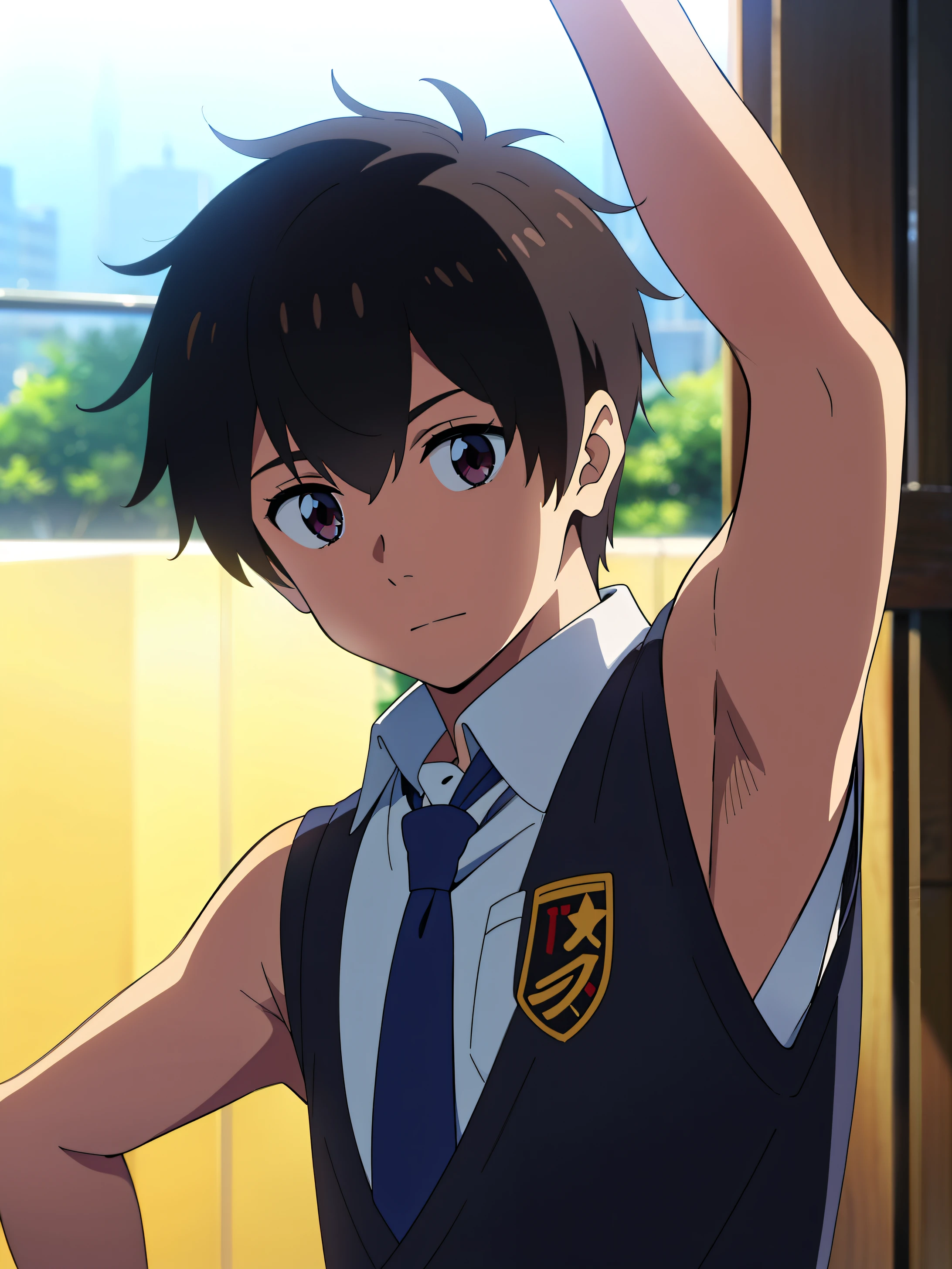 shinkai makoto, kimi no na wa, Highres, Masterpiece, Best quality at best,Best Quality,hight quality, hight detailed, Anime style, 1boy, Shota, young boy, tachibana taki, Solo person, school, Sleeveless uniform, Tie, Seen from the front, look at viewer, upper body, (very young boy), (very small and short body), 12-year-old boys, (Showing armpit:1.3), blurry beckground, hansome boy, Uhd, bokeh