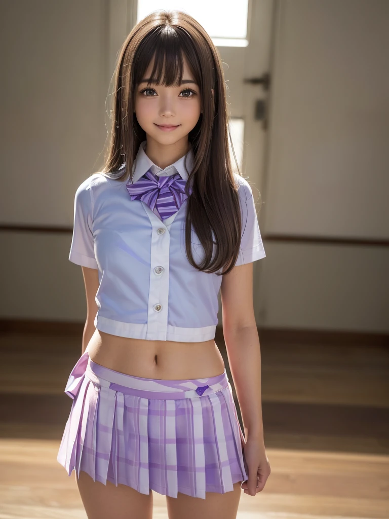 (8K, RAW Photos, Highest quality, masterpiece:1.2), (Realistic, photo-Realistic:1.4), (extremely detailed 8K wallpaper), ((Full Body Shot)), (((1 girl))), Sharp focus, Depth of written boundary, Cinematic lighting, Soft Light, (緻密な美しさのeye, eye_Chan, Very beautiful girl, innocent big eyes, Realistic, photo Realistic, Highly detailed cute girl, (Thin thighs), (Model Body Type), (Brown Hair), (Long Bob Hair), (Asymmetrical bangs), ((A happy smile)), Glowing Skin, Ultra-dense skin ,High resolution, High Detail, Detailed hairstyle, Detailed facial beauty, hyper Realistic, Perfect limbs, Perfect Anatomy, Perfect female body, (school uniform:1.3),(Purple and pink checked micro mini pleated skirt), (((The skirt is rolling up)))、(((White and blue striped panties are visible)))、Watching the audience, Spread your legs, White blouse、Green tie、School nurse's office、