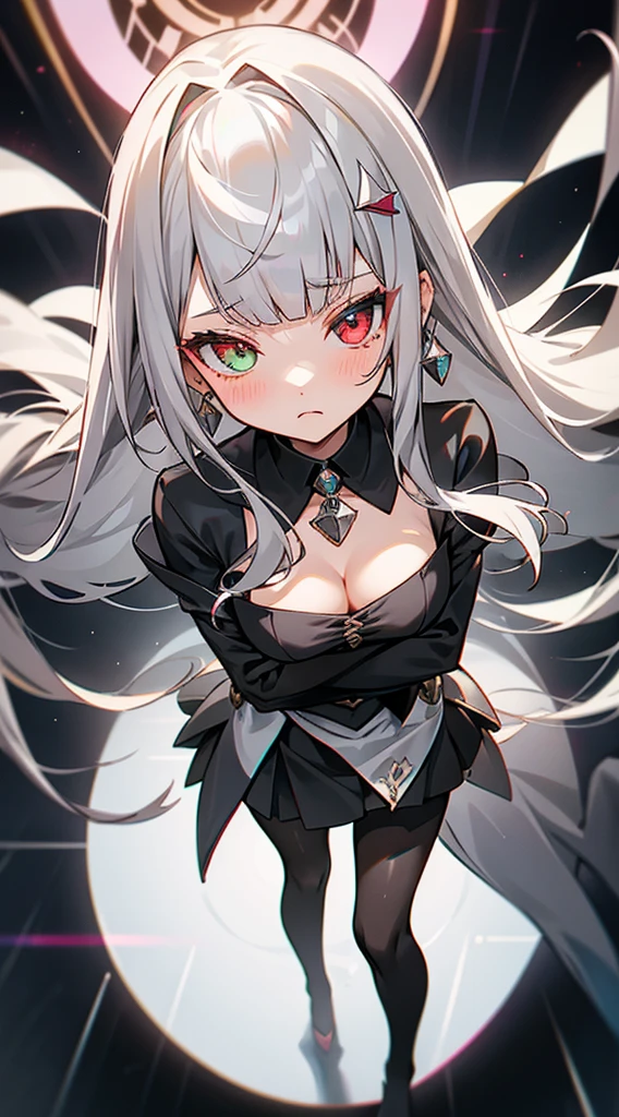 1 girl, solo,serious face,governant outfit,cleavage,silver deep gray hair, straight long hairstyle, blunt bangs, strictly straight cutted bangs, hime hairstyle, pantyhoses, black and white diamond earrings, standing in the stage on sallon, her left eye is gray, her right eye is rosy red,(( girl has heterochromia))