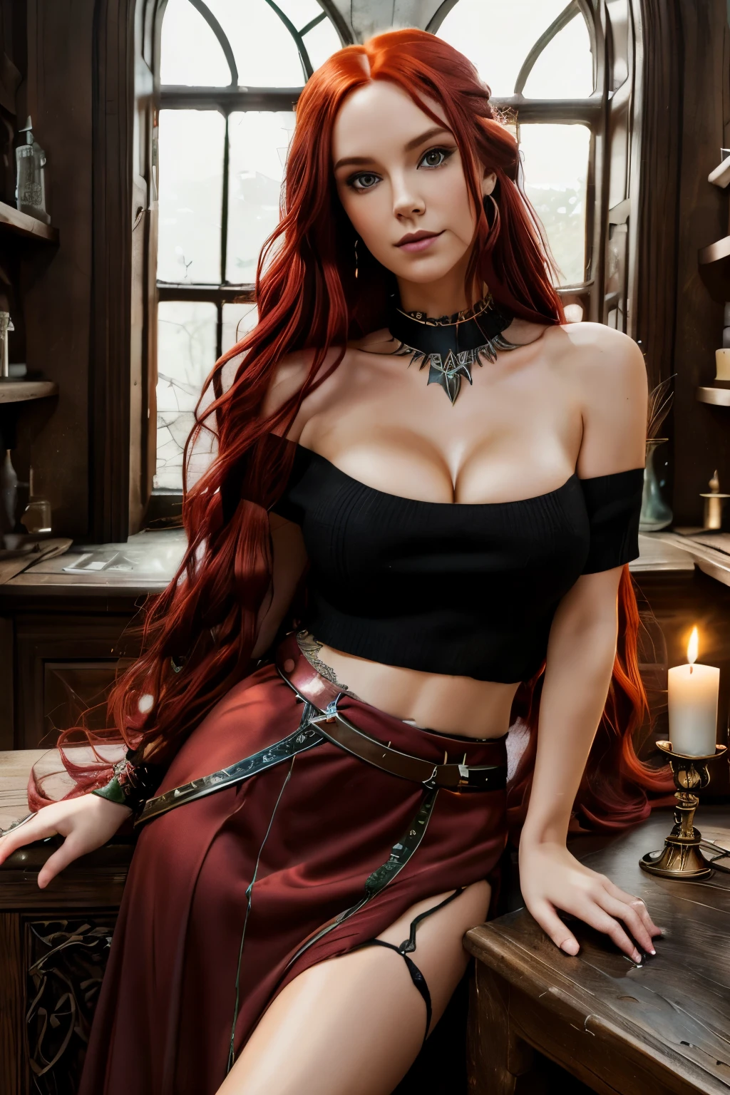 medieval tavern, Realistic skin,full - body, Smooth soft skin, Symmetrical facial, soft-lighting,highly detail face, Concept art, Digital Painting, ethereal, Epic, 8K, intricate details, sharp-focus, Trending on ArtStation, Sexy Eyes, red hair, twitter #NFSW, Smile, playboy cover, I&#39;I&#39;m going to the camera, muscular, hyper realisitc, Photos of the top model, Punk style