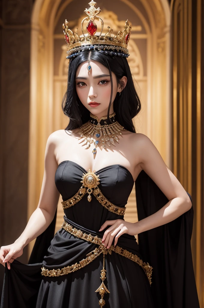 1 empress with black hair and eyes, majestic dress, and with a large crown on his head made of jewels 