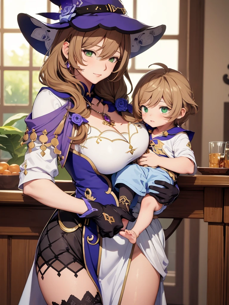 Lisa from Genshin impact, 1woman, as a mother, holding a , light brown colour hair, 8k, high detailed, high quality