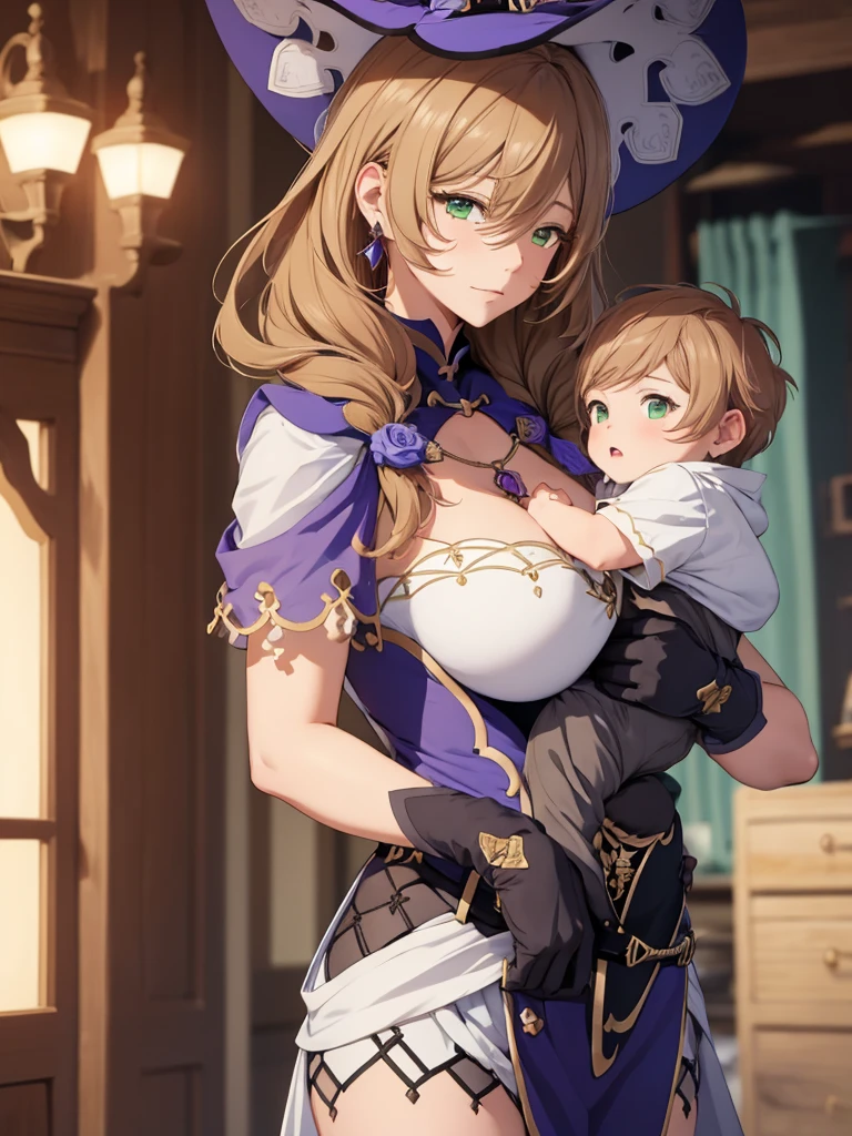 Lisa from Genshin impact, 1woman, as a mother, holding a little baby boy, light brown colour hair, 8k, high detailed, high quality