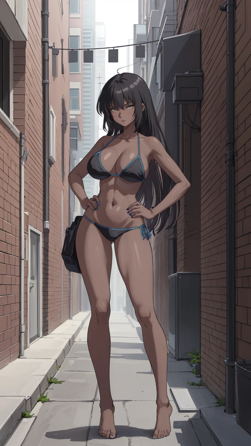 Masterpiece, best quality, high resolution, 1 woman, Karin , black skin , black hair , black bikini , abdomen , big breasts, Long legs , Barefoot , Put your hands on your hips. , alley , tall building