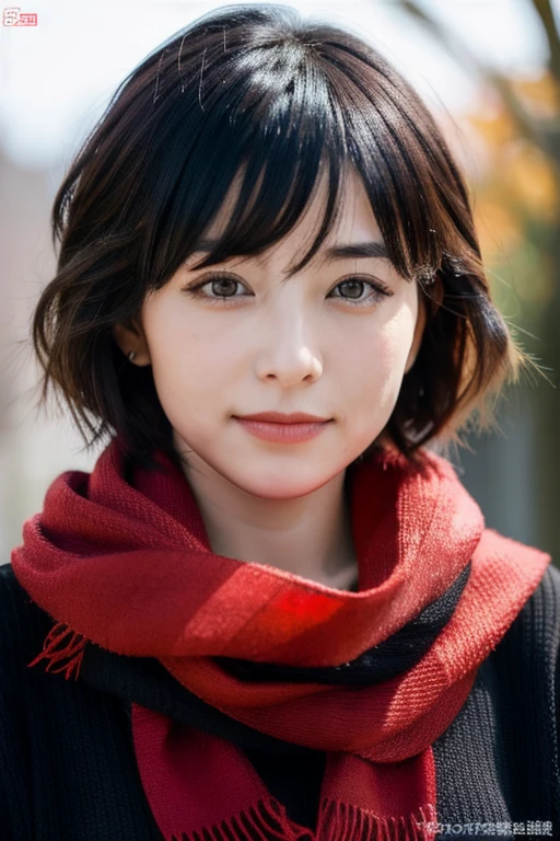 Mikasa, 19 year old young woman, Best quality, High resolution, Short bob hair, Beautiful, Black eyes, see viewer, black sweater, wearing red scarf , Highest quality, high resolution
