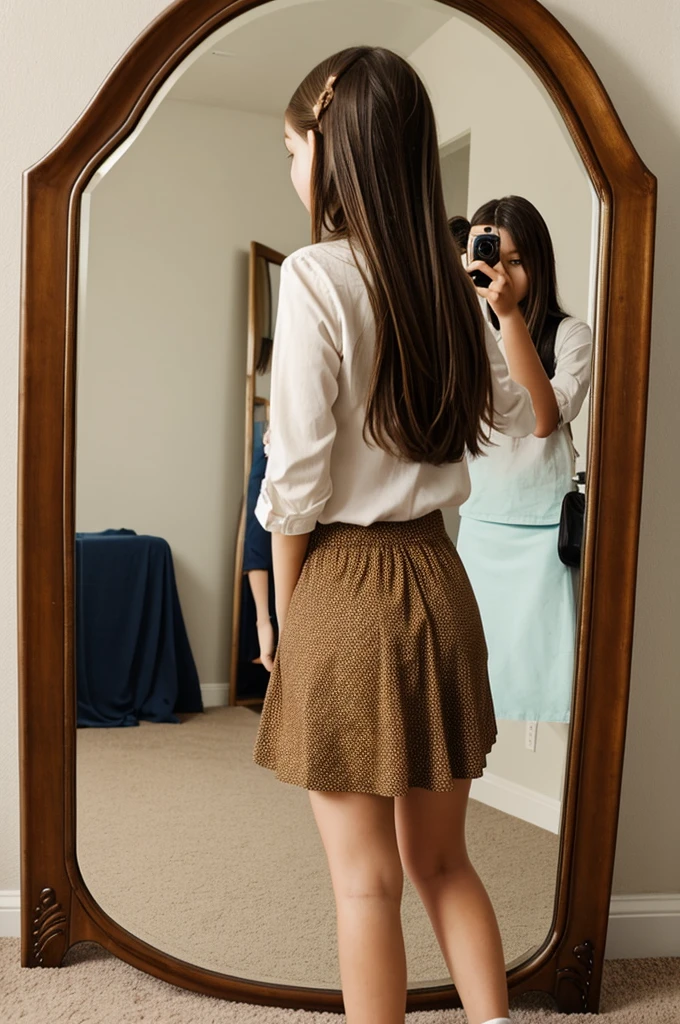 12 year old girl with brown hair taking a photo of herself in a skirt in front of her very realistic mirror