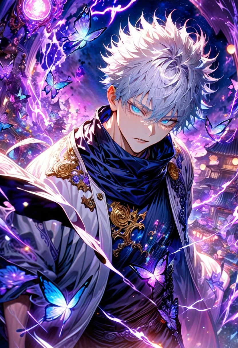 absurdres, highres, ultra detailed, HDR, master piece, best quality, Gojo Satoru, white hair, with bangs, hair between the eyes, expressive blue eyes, white eyelashes, Jujutsu Kaisen, solo, sexy man, handsome, white haori, black tight shirt, black scarf, fantasy, magical, sparkling, shining, purple lightning, floating round lights, starry sky, void, purple butterlies, purple moon