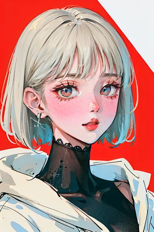 (Portrait:1.4), (masterpiece:1.2, best quality:1.2), bottom up, full body, 1 white short haired girl, solo, Looking down, face focus, extreme face detailed, cold eyes, extremely detailed eyes, good looking, makeup, finger on lips, red eyes, thin, slim, white fur coat, black tights, earrings