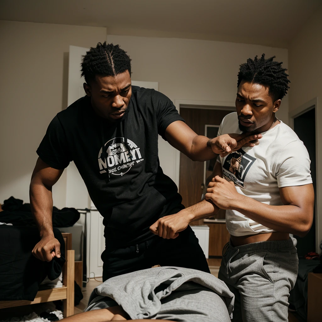 Two angry Black men fighting in apartment wearing t-shirts and hoodie