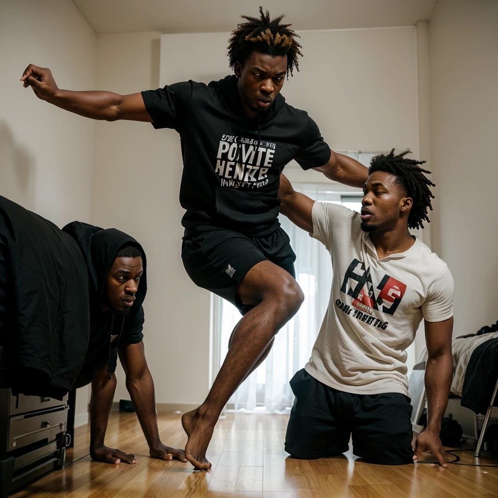 Two angry Black men fighting in apartment wearing t-shirts and hoodie