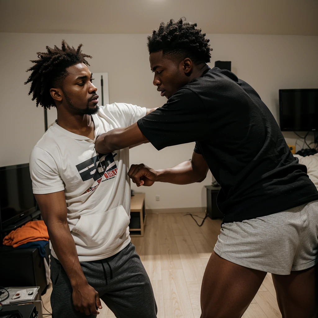 Two angry Black men fighting in apartment wearing t-shirts and hoodie