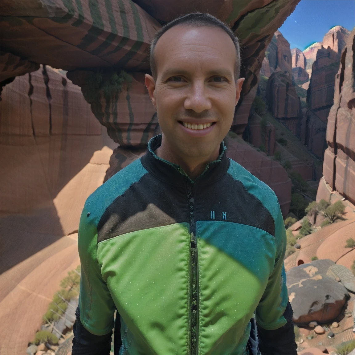 a man (Todder8 todder1) hiking at the bottom of a canyon with rocks and boulders, wearing a backpack, detailed face and figure, highly detailed, 8k, hyperrealistic, photorealistic, masterpiece, dynamic lighting, dramatic shadows, warm color tones, cinematic composition, adventure landscape, rugged terrain, natural environment