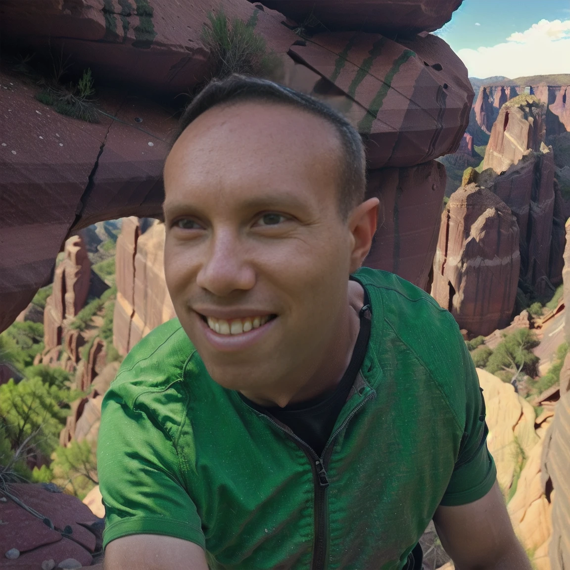 a man (Todder8 todder1) hiking at the bottom of a canyon with rocks and boulders, wearing a backpack, detailed face and figure, highly detailed, 8k, hyperrealistic, photorealistic, masterpiece, dynamic lighting, dramatic shadows, warm color tones, cinematic composition, adventure landscape, rugged terrain, natural environment