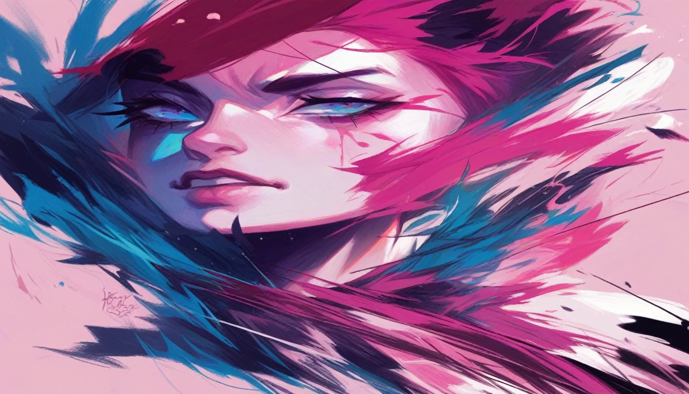 The image you uploaded features a striking portrait of a woman with vibrant, abstract colors. The artwork prominently uses shades of pink, blue, and black with a splash of white. The woman’s face is detailed with expressive eyes, high cheekbones, and defined lips. The painting style includes dynamic brush strokes and splatters, creating an energetic and modern look.