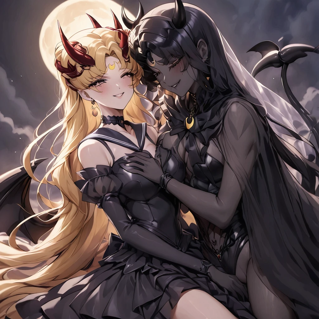 ((Highest quality)), ((masterpiece)), (detailed), （Perfect Face）、The woman is leaning on her husband, the Demon King, hugging and kissing him. She is the Dark Queen of the Black Moon of the Black Moon Clan, the Demon Queen, Devil Queen Sailor Moon, and is a sexy female demon with jet black skin.、The woman is a jet-black female demon with magnificent devil horns, jet-black devil wings, and a jet-black tail. Her skin is jet-black, and she has a black inverted crescent moon mark on her forehead. Her gorgeous black skin is visible through her black see-through Lolita Gothic Victorian wedding dress, black wedding veil, and black see-through cape. She is a jet-black demon, Devil Queen Sailor Moon, and has blonde hair.２The expression of a girl in love with her long hair tied up、Woman is Devil Queen Sailor Moon、