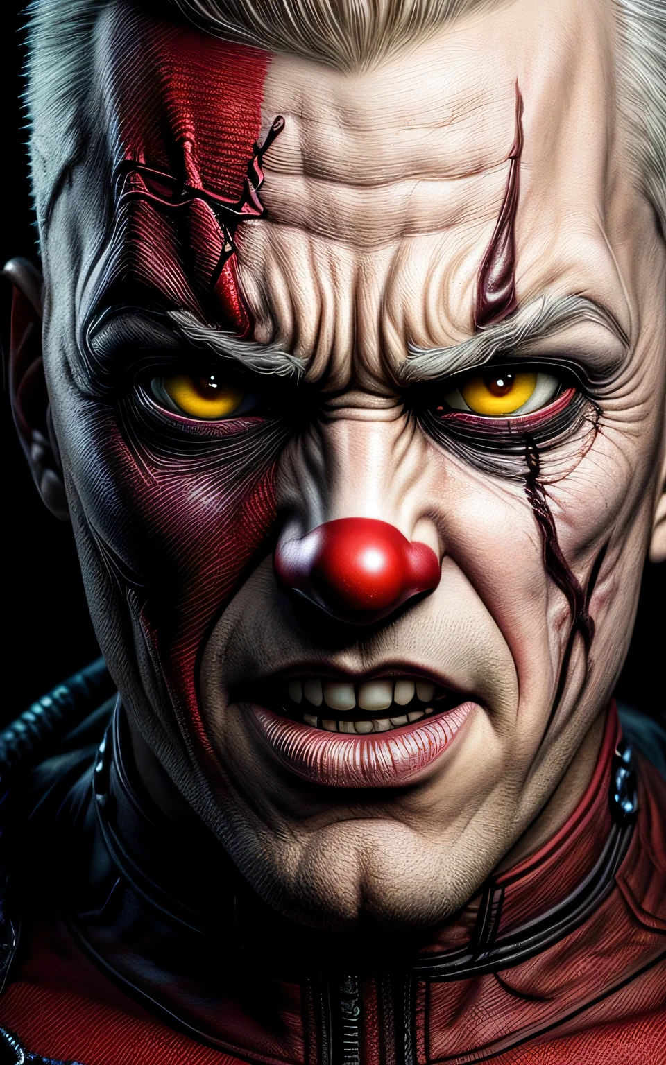 (sharp focus:1.2), Best quality, detailed, hyper real, Deadpool but Evil Clown, up-close shot, hd wallpaper, 4k, highly detailed, octane render, BREAK BREAK