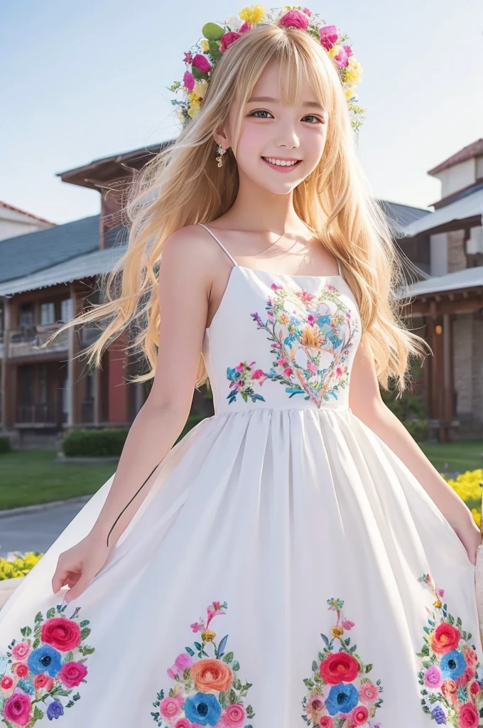 A girl wearing a dress that looks like a wedding dress。The girl has fluffy blonde hair.。The girl is smiling。whole body。The dress is embroidered with colorful flowers.。watercolor。Anime Style。