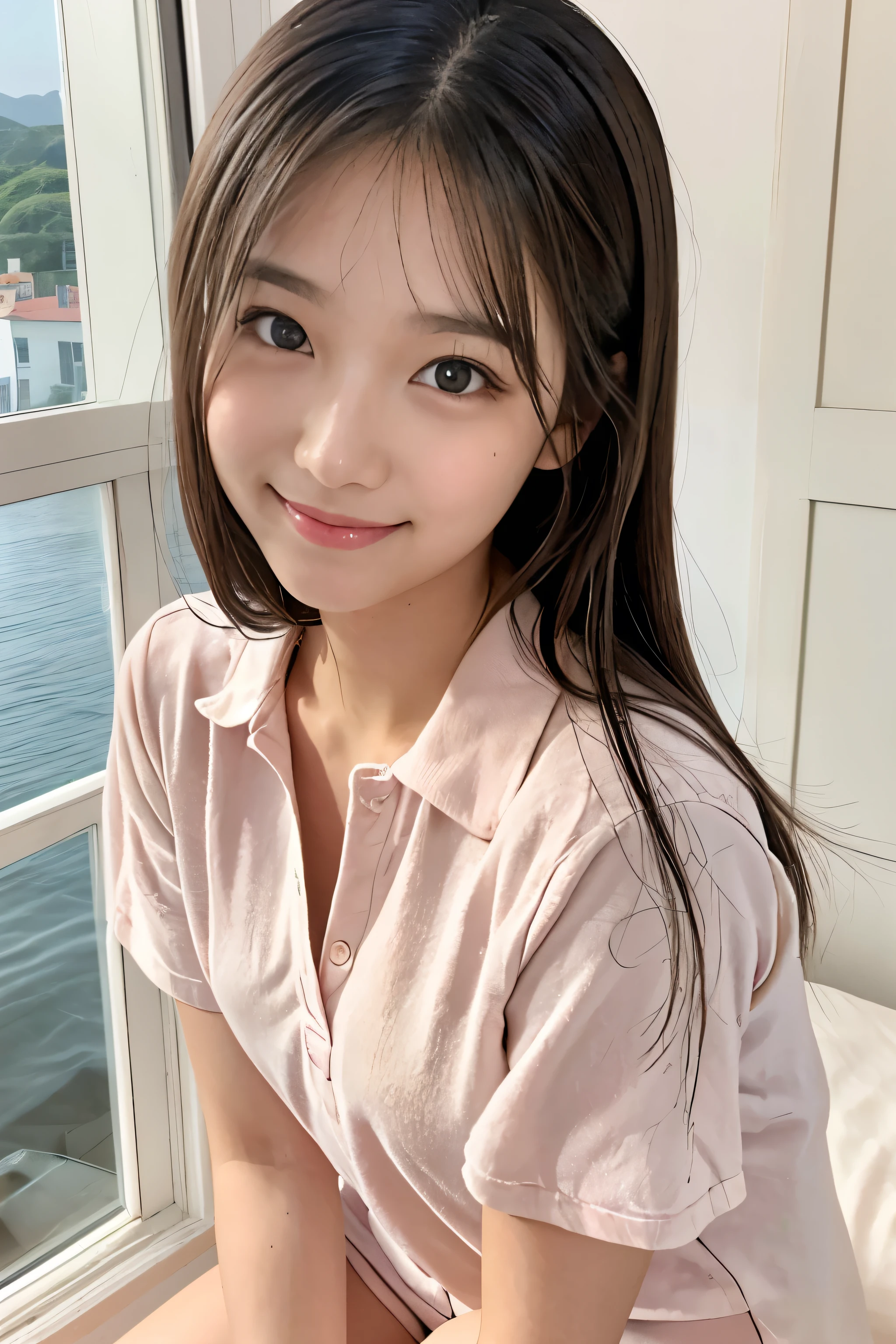 "A female college student sitting on her bed in her room at home. The room has a window with a view of the countryside and the sea. Simple light-colored furniture is placed. She has a gentle smile, giving off a youthful and approachable vibe, feeling relaxed and happy. She is wearing light pink lipstick, a touch of blush, and natural eye makeup. Her long hair is naturally straight, and she has a cute round face. Her outfit is a plain sailor suit. Ensure her hands are not visible."
"A 20-year-old female college student sitting on her bed in her room at home. The room has a window with a view of the sea, decorated with light-colored furniture. She has a relaxed expression with a gentle smile. She gives off a youthful and cute vibe, wearing light pink lipstick, a touch of blush, and natural eye makeup. Her long hair is straight and gently falls around her face. She has a round, approachable face. Her outfit is a plain sailor suit. Ensure her hands are not visible."
"A young woman sitting on her bed in her room at home. The room has a window with a view of the sea and the countryside. Simple design furniture is placed, with natural light creating a bright atmosphere. She has a youthful expression with a gentle smile, feeling relaxed. She is wearing light pink lipstick, a touch of blush, and natural eye makeup. Her long hair is naturally straight. She has a cute round face. Her outfit is a plain sailor suit. Ensure her hands are not visible."
"A female college student sitting on her bed at home. The window shows a view of the sea and countryside, with the room decorated in light-colored furniture. Natural light shines in, and she has a gentle smile. She looks relaxed and happy, with a youthful and cute vibe. She is wearing light pink lipstick, a touch of blush, and natural eye makeup. Her long hair is straight and gently falls around her face. She has a round, approachable face. Her outfit is a plain sailor suit. Ensure her hands are not visible."
"A 20-year-old female c