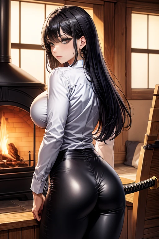 Masterpiece, high quality full length portrait of 1 woman (maduro)) YOUNG), choker:1.6, Long sleeve white buttoned shirt, shiny black leggings, beautiful thin face, detailed face, long hair, (black hair), BIG BREASTS, pale and light skin, detailed eyes, blue eyes, shy expression, set in a background inside a cabin with a fireplace, evening, view from behind, perfect ass