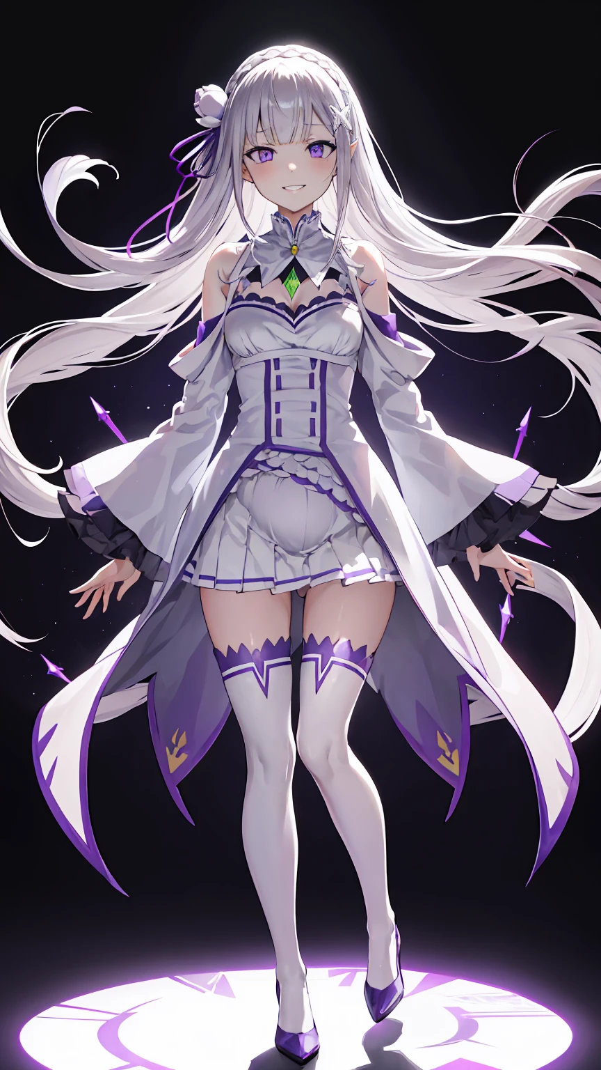 Lezero Emilia, emilia, braid, Crown braid, flower, Hair Flower, hair ornament, Hair Ribbon, Long hair, pointy ear, (Purple eyes:1.2), White hair, x hair ornament,
Break Detach Color, Detached sleeves, frilly sleeves, frilld, Long sleeves, Miniskirt, Pleated skirt, bow ribbon, Skirt, thighs thighs thighs thighs, White skirt, White sleeves, white thighhig, Wide sleeves, zettai ryouiki,
BREAK (masutepiece:1.2), Best Quality, High resolution, Unity 8k Wallpaper, (Illustration:0.8), (Beautiful detailed eyes:1.6), extra detailed face, Perfect Lighting, extremely details CG, (Perfect hands, Perfect Anatomy),is standing、Evil Fall, 1girl in, solo, pubic tattoo,Lipakeup、lip stick、eye line / Mascara Eyeshadow Evil Fall、Bad Woman、bad looking、Empty eyes、Psychopaths、Eyes pink、Grinning、Smile, lightsmile,Knives、low angles、leggy、Long leguchimuchi、Transparent pupils、, ((Positive pregnancy test))fullbody image、high-heels、High heels
