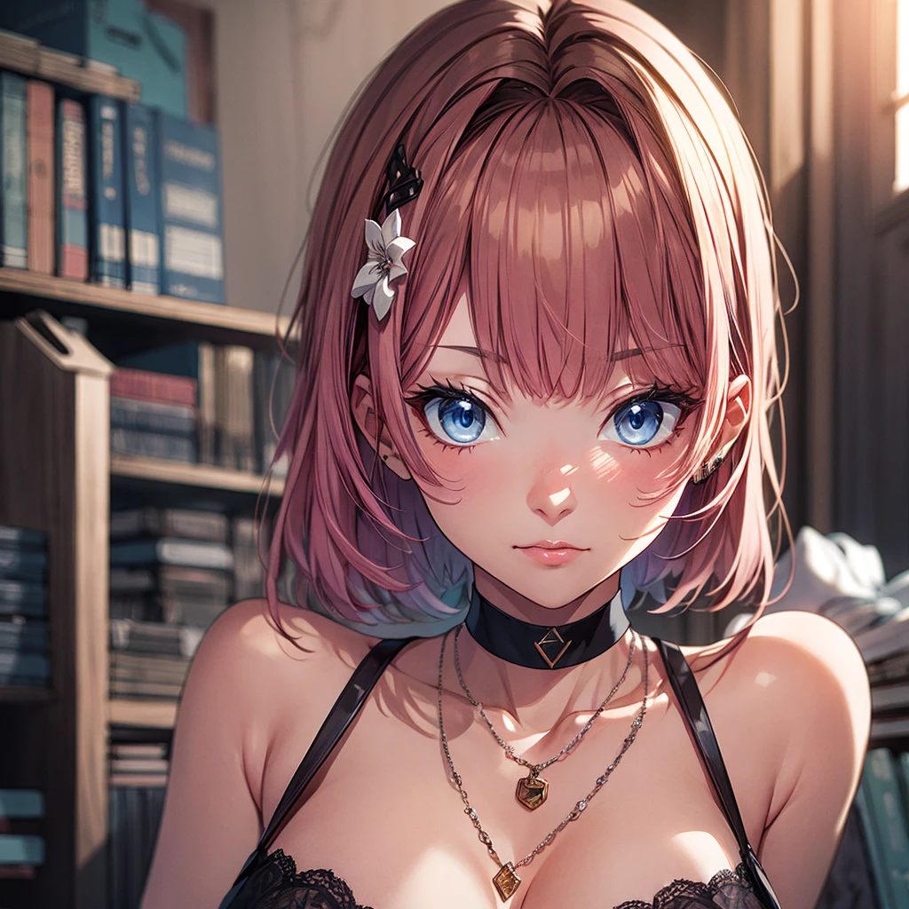 ((Highest quality)), ((masterpiece)), (detailed),1girl, 独奏, TachibanaHinano, (short hair:0.75), medium breasts, (split-color hair), blue eyes, hairclip, (messy hair:1), choker, (earrings:0.1), necklace, (sidelocks) BREAK pink hair, (swept bangs:0.25), sidelocks BREAK brown hair, (blunt bangs:1), (sidelocks:1.25), NSFW, show off nipple,